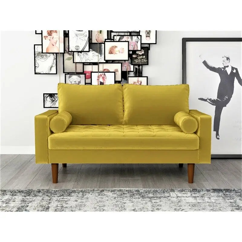 Causeuse capitonnée en velours de style Mid-Century avec pieds en bois et traversins