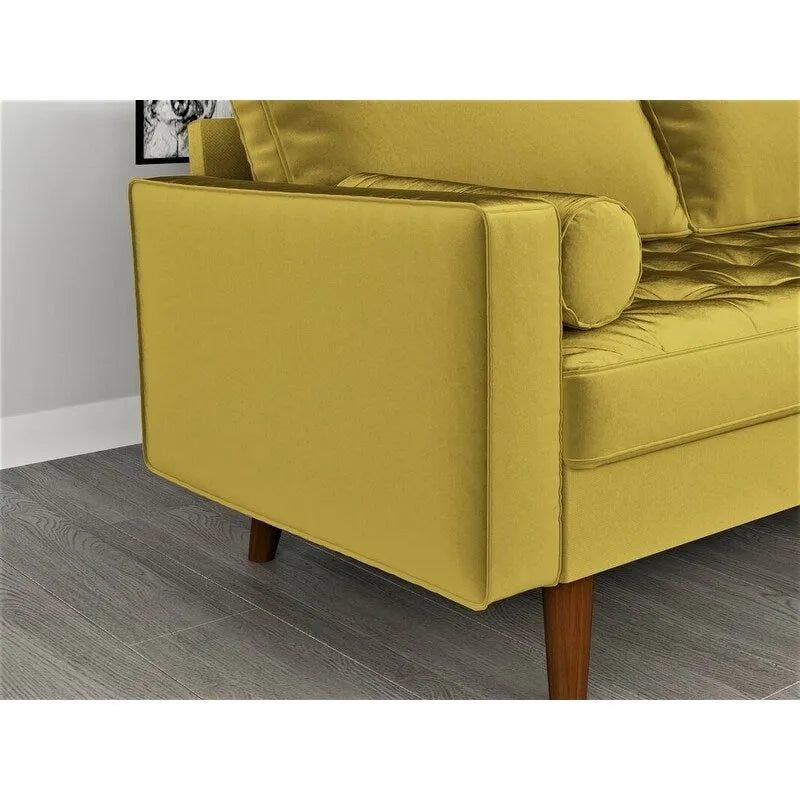 Causeuse capitonnée en velours de style Mid-Century avec pieds en bois et traversins
