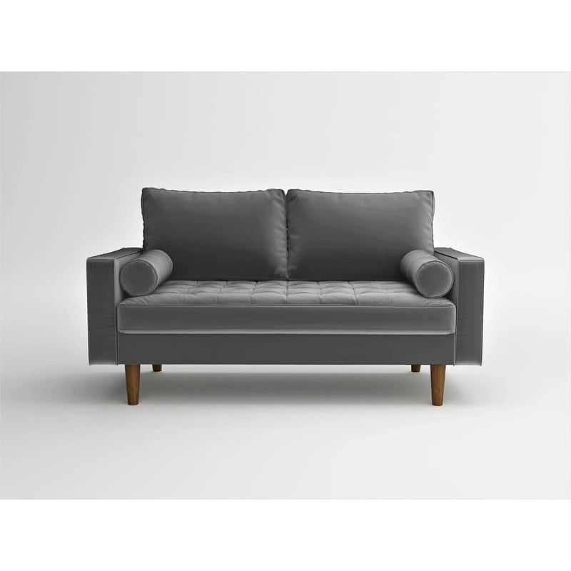 Causeuse capitonnée en velours de style Mid-Century avec pieds en bois et traversins