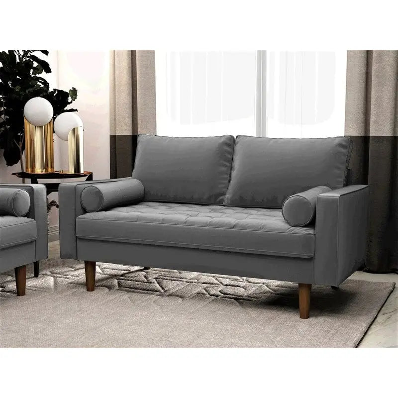Causeuse capitonnée en velours de style Mid-Century avec pieds en bois et traversins