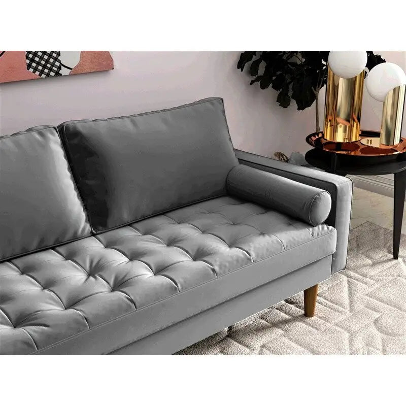 Causeuse capitonnée en velours de style Mid-Century avec pieds en bois et traversins