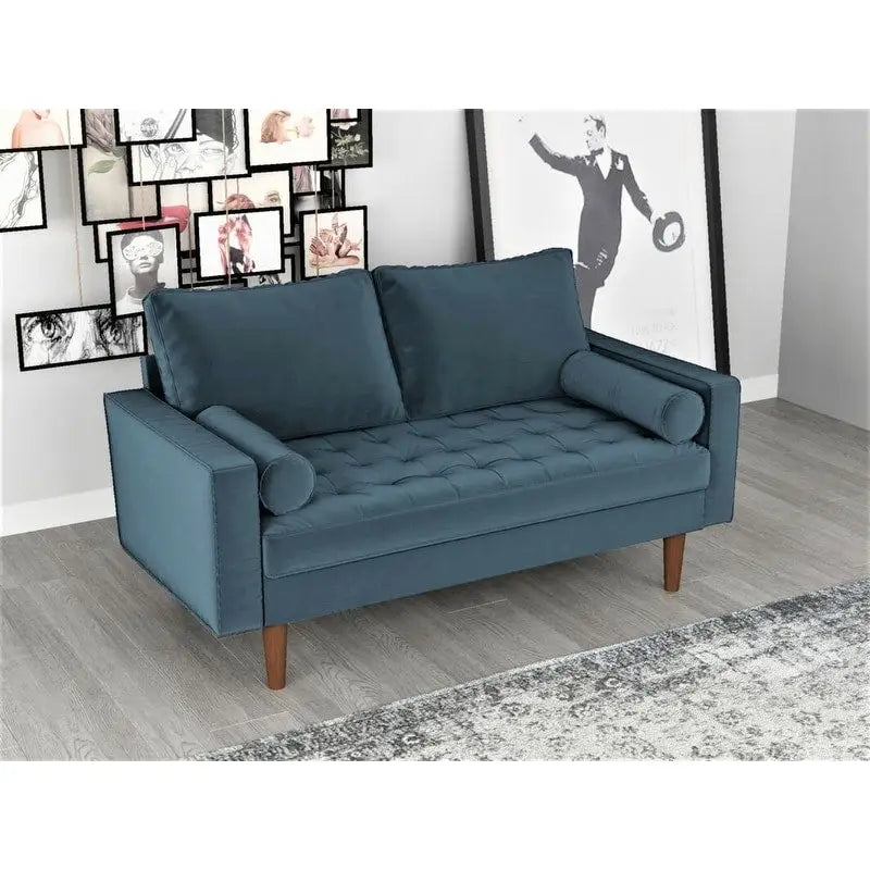 Causeuse capitonnée en velours de style Mid-Century avec pieds en bois et traversins