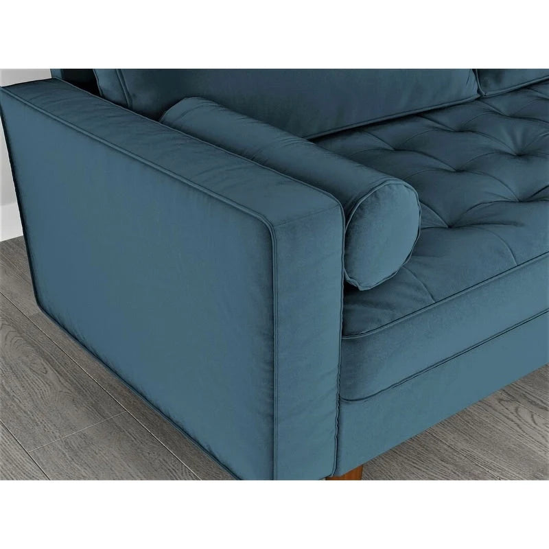 Causeuse capitonnée en velours de style Mid-Century avec pieds en bois et traversins