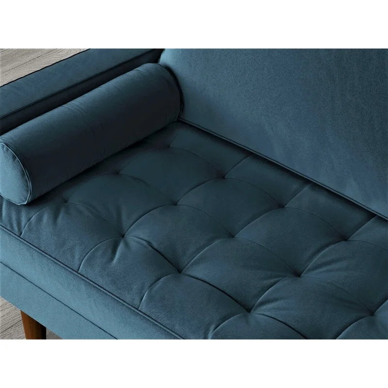 Causeuse capitonnée en velours de style Mid-Century avec pieds en bois et traversins