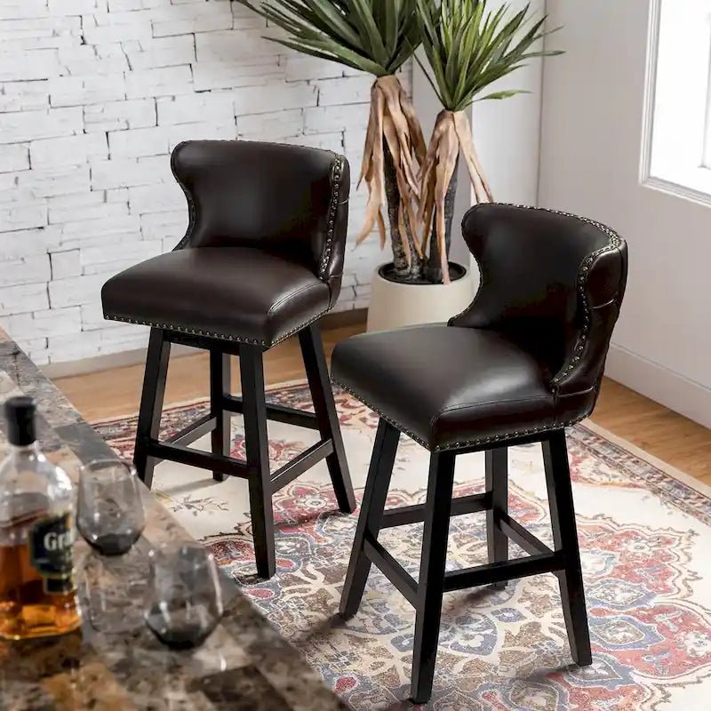 Lot de 2 tabourets de bar pivotants à 360° avec dossier haut et capitonnage, passepoil clouté | Cuir végétalien