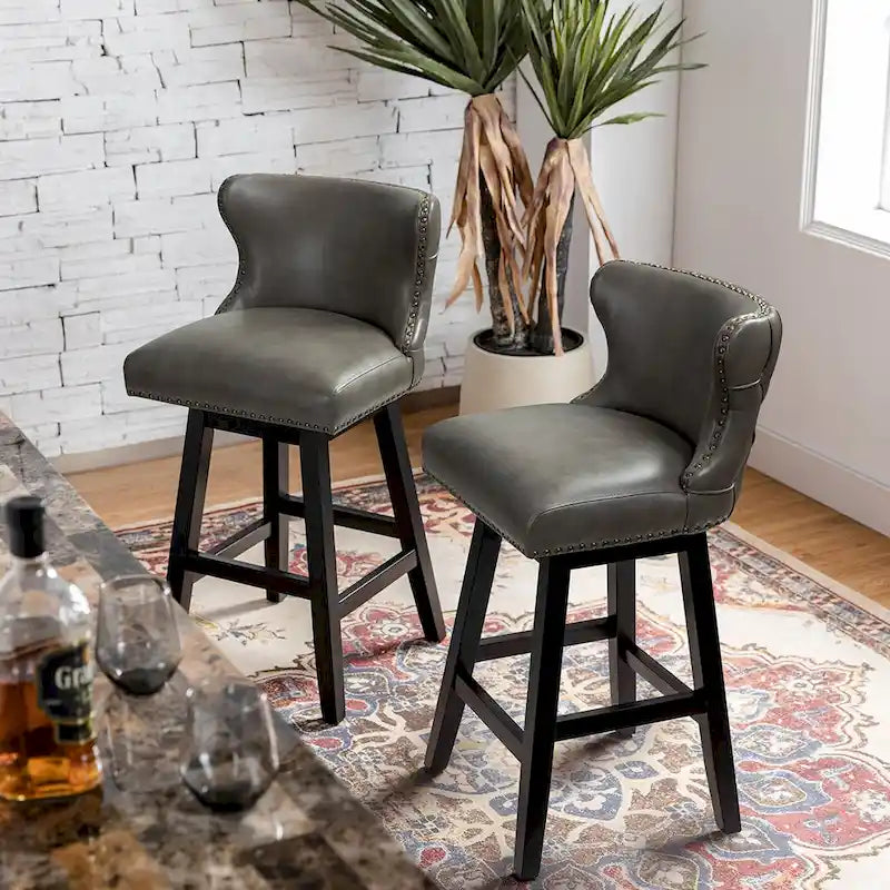 Lot de 2 tabourets de bar pivotants à 360° avec dossier haut et capitonnage, passepoil clouté | Cuir végétalien