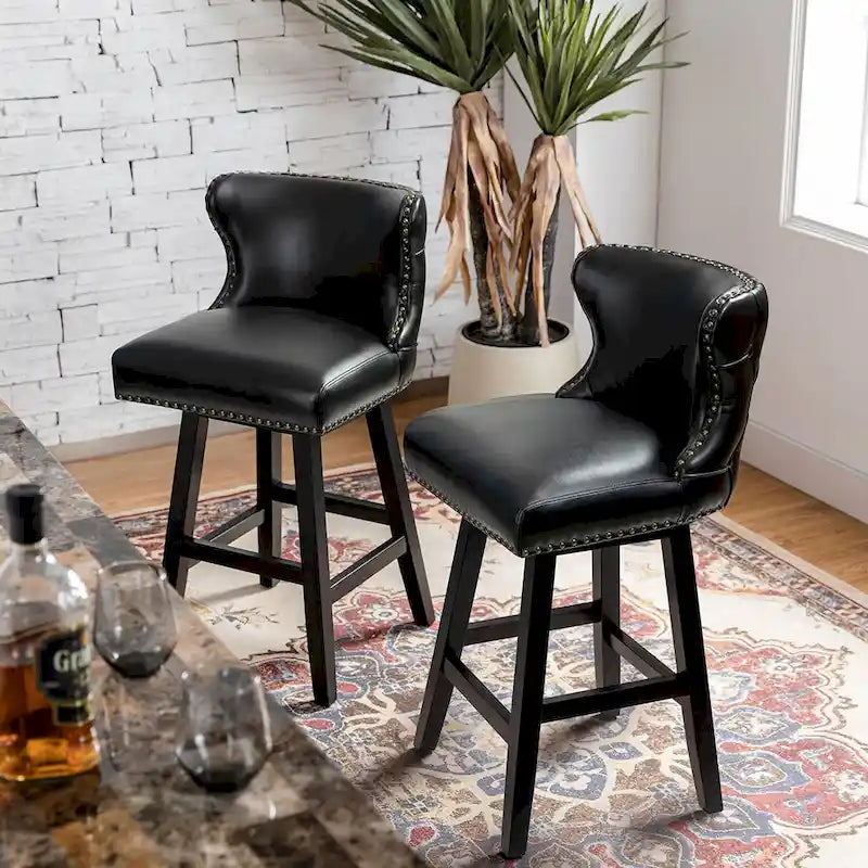 Lot de 2 tabourets de bar pivotants à 360° avec dossier haut et capitonnage, passepoil clouté | Cuir végétalien
