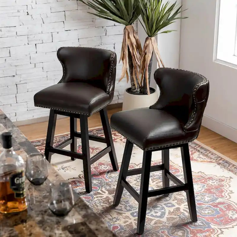 Lot de 2 tabourets de bar pivotants à 360° avec dossier haut et capitonnage, passepoil clouté | Cuir végétalien