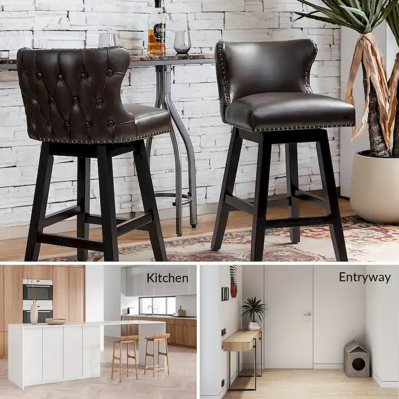 Lot de 2 tabourets de bar pivotants à 360° avec dossier haut et capitonnage, passepoil clouté | Cuir végétalien