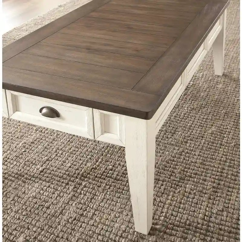 Table basse de style rustique bicolore avec tiroirs de rangement | Blanc antique et chêne foncé