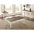 Table basse de style rustique bicolore avec tiroirs de rangement | Blanc antique et chêne foncé