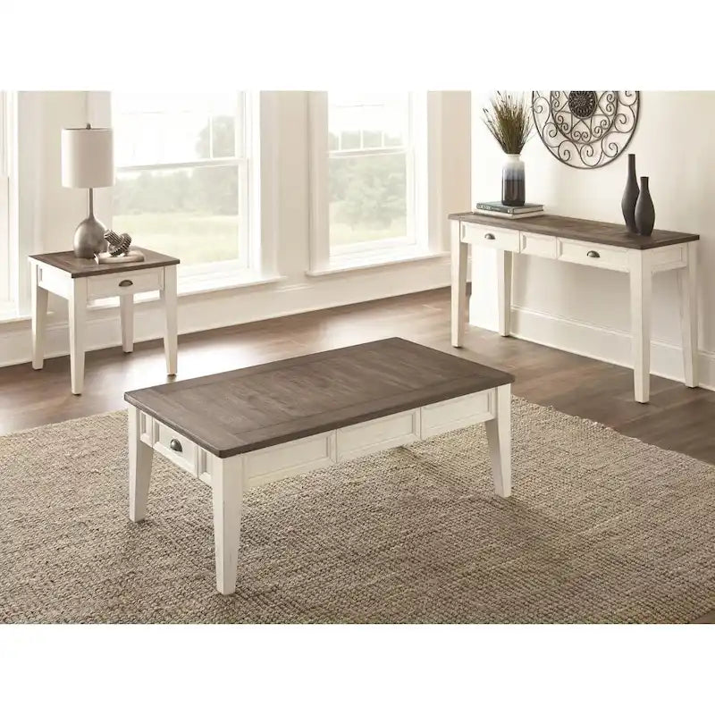 Table basse de style rustique bicolore avec tiroirs de rangement | Blanc antique et chêne foncé