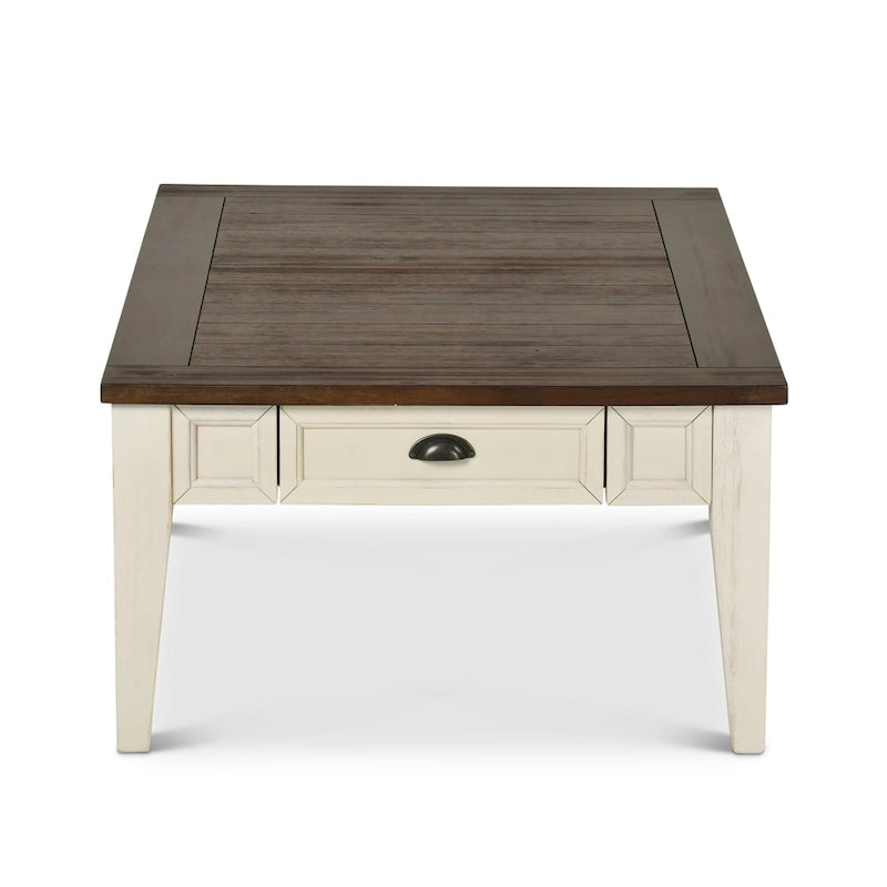 Table basse de style rustique bicolore avec tiroirs de rangement | Blanc antique et chêne foncé