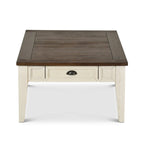 Table basse de style rustique bicolore avec tiroirs de rangement | Blanc antique et chêne foncé