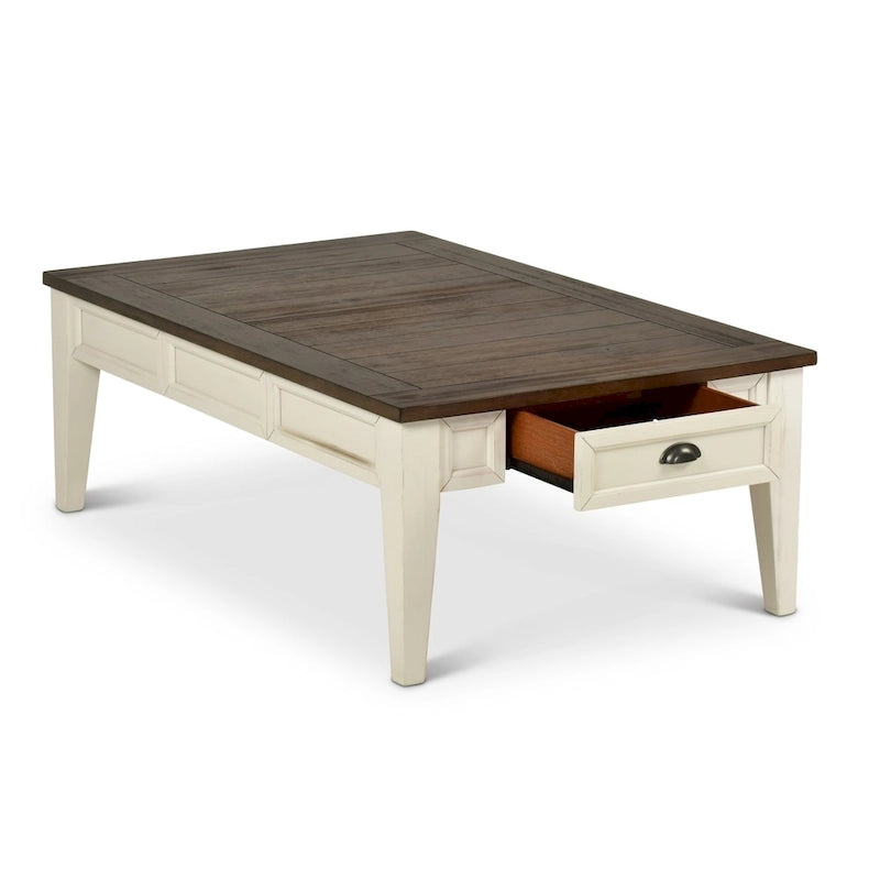 Table basse de style rustique bicolore avec tiroirs de rangement | Blanc antique et chêne foncé