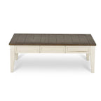 Table basse de style rustique bicolore avec tiroirs de rangement | Blanc antique et chêne foncé