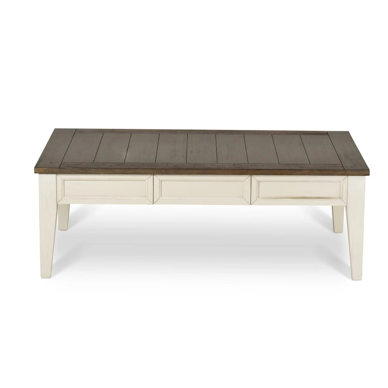 Table basse de style rustique bicolore avec tiroirs de rangement | Blanc antique et chêne foncé