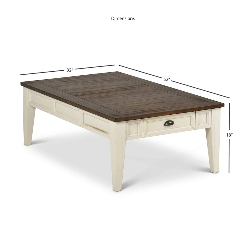 Table basse de style rustique bicolore avec tiroirs de rangement | Blanc antique et chêne foncé