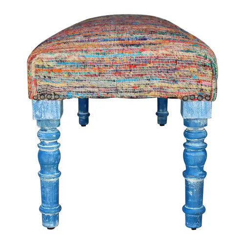 Banc bohème rembourré à rayures arc-en-ciel de 119 cm avec pieds bleus | 119x46x41 cm