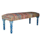 Banc bohème rembourré à rayures arc-en-ciel de 119 cm avec pieds bleus | 119x46x41 cm