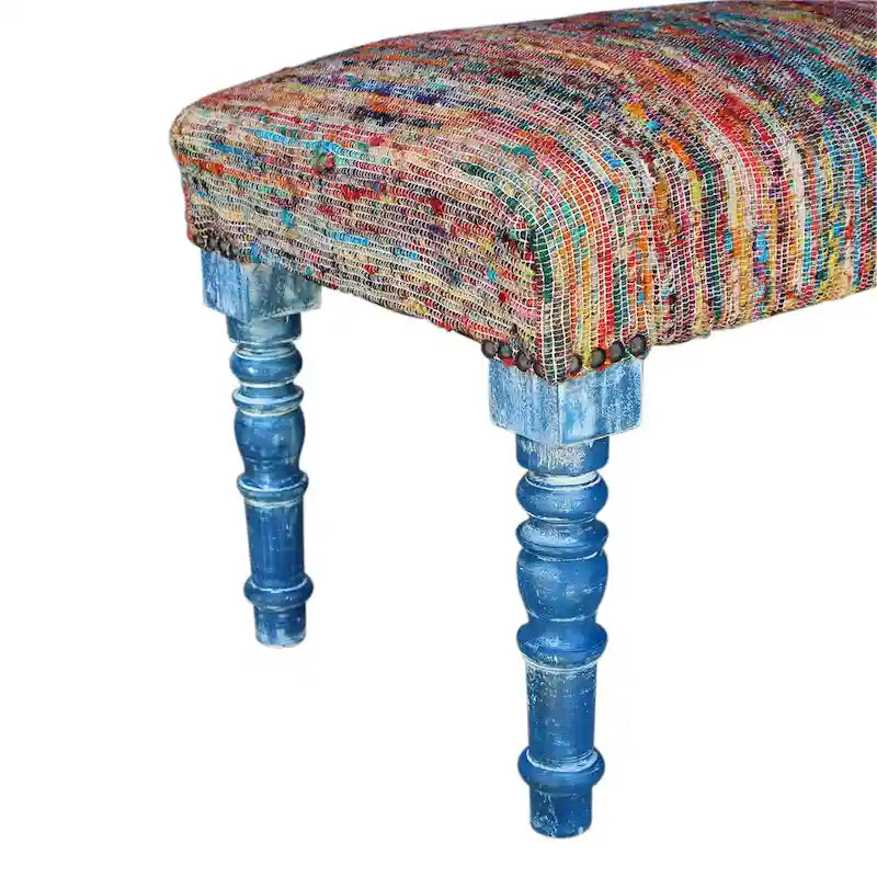 Banc bohème rembourré à rayures arc-en-ciel de 119 cm avec pieds bleus | 119x46x41 cm