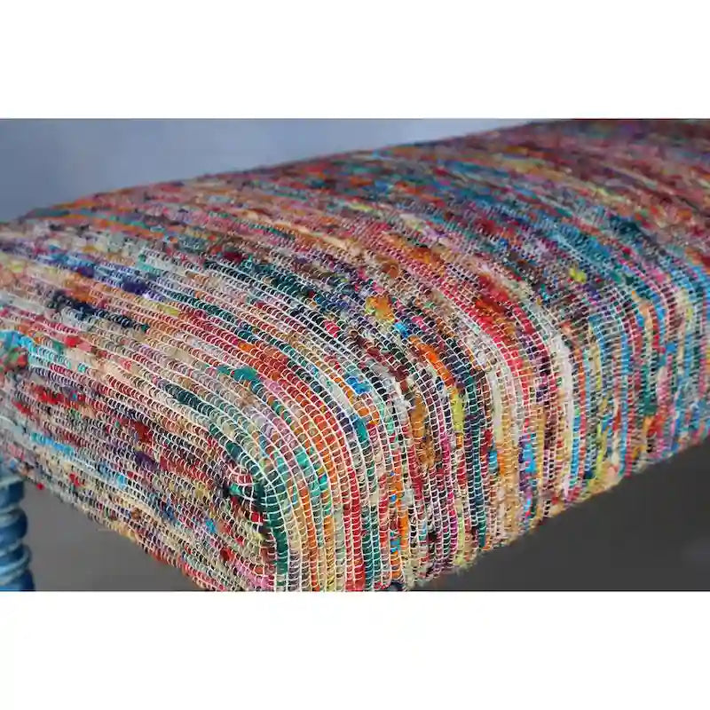 Banc bohème rembourré à rayures arc-en-ciel de 119 cm avec pieds bleus | 119x46x41 cm