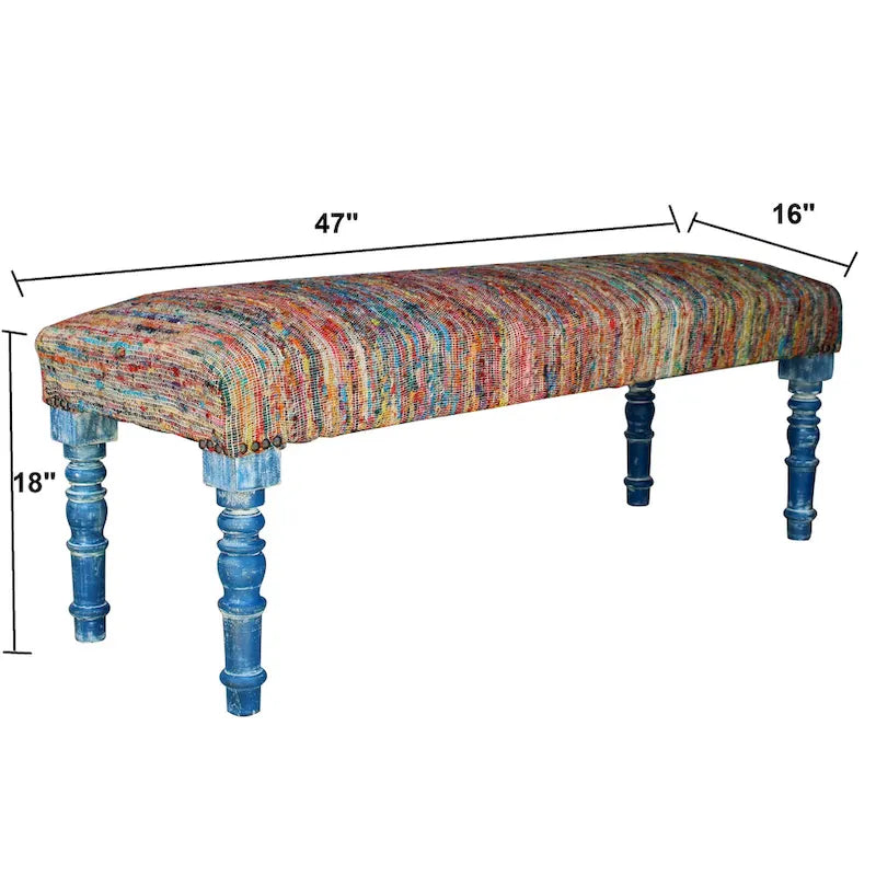 Banc bohème rembourré à rayures arc-en-ciel de 119 cm avec pieds bleus | 119x46x41 cm