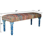 Banc bohème rembourré à rayures arc-en-ciel de 119 cm avec pieds bleus | 119x46x41 cm