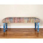 Banc bohème rembourré à rayures arc-en-ciel de 119 cm avec pieds bleus | 119x46x41 cm