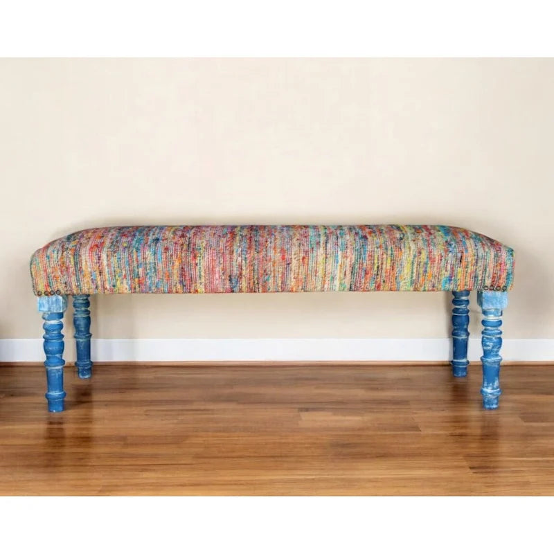 Banc bohème rembourré à rayures arc-en-ciel de 119 cm avec pieds bleus | 119x46x41 cm