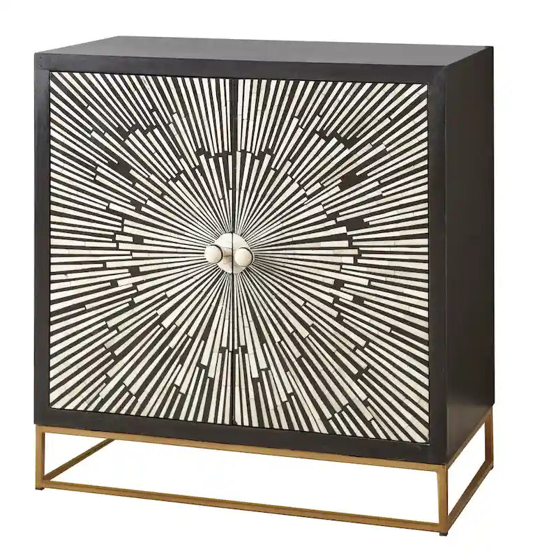 Cabinet d'appoint Art Déco à 2 portes motifs rayons de soleil | Finition ébène avec incrustations en os et résine