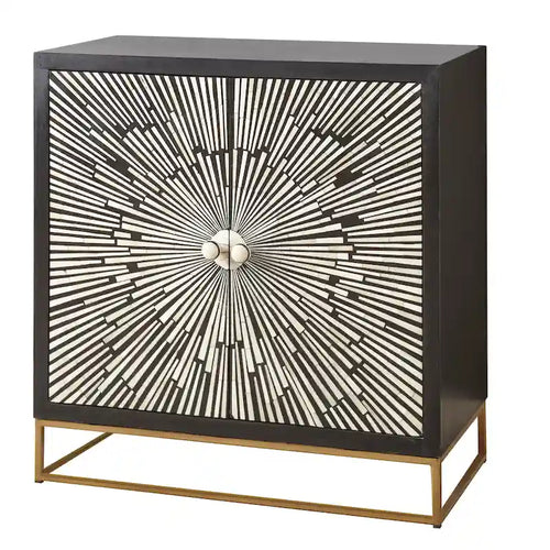 Cabinet d'appoint Art Déco à 2 portes motifs rayons de soleil | Finition ébène avec incrustations en os et résine