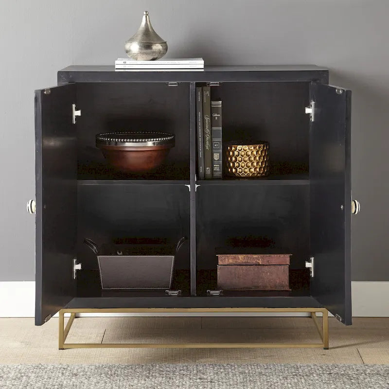 Cabinet d'appoint Art Déco à 2 portes motifs rayons de soleil | Finition ébène avec incrustations en os et résine