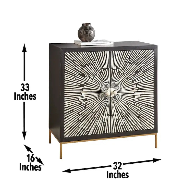 Cabinet d'appoint Art Déco à 2 portes motifs rayons de soleil | Finition ébène avec incrustations en os et résine