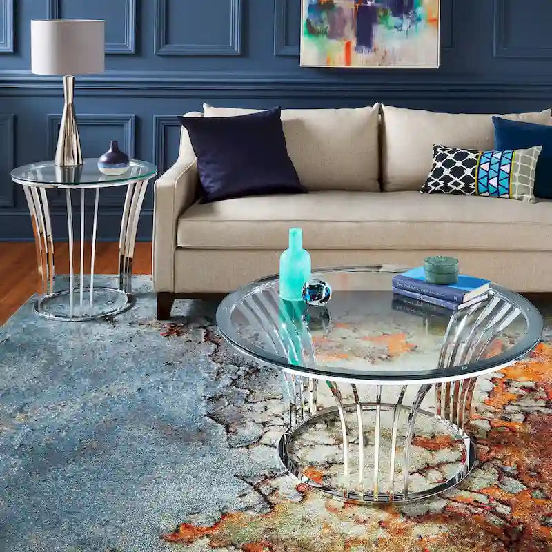 Table basse Art Déco chromée avec plateau en verre trempé de 8 mm | Ronde de 89 cm
