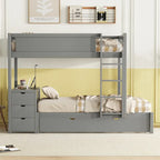 Lit superposé jumeau sur jumeau avec lit gigogne double, rangement et bureau, gris