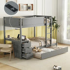 Lit superposé jumeau sur jumeau avec lit gigogne double, rangement et bureau, gris