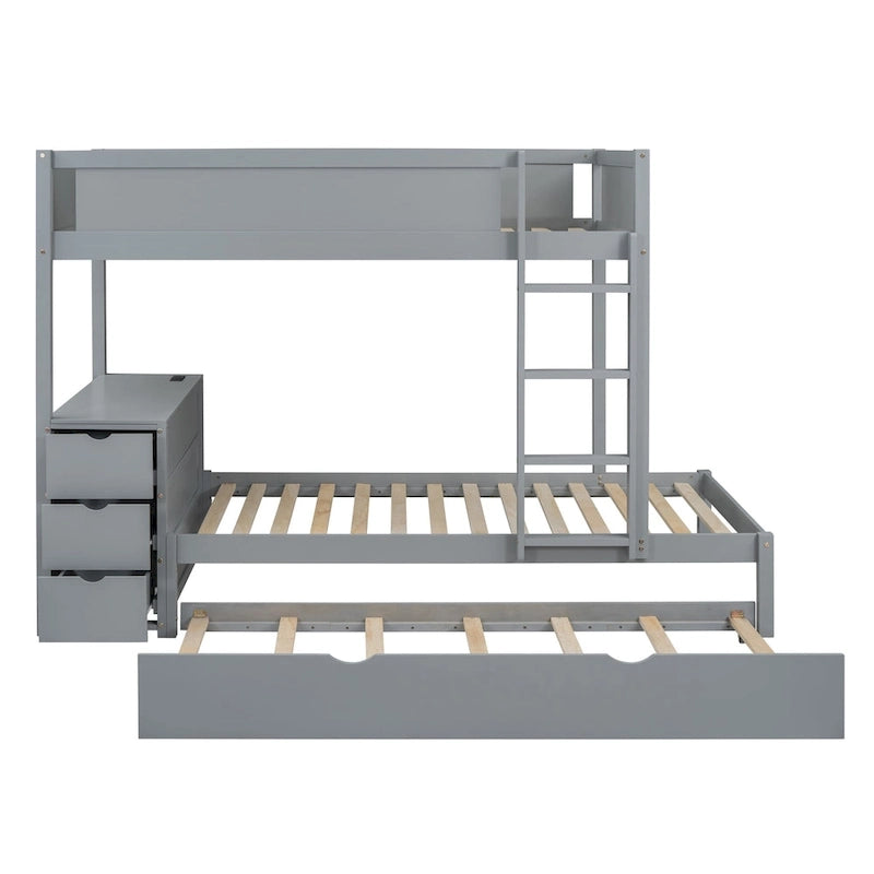 Lit superposé jumeau sur jumeau avec lit gigogne double, rangement et bureau, gris