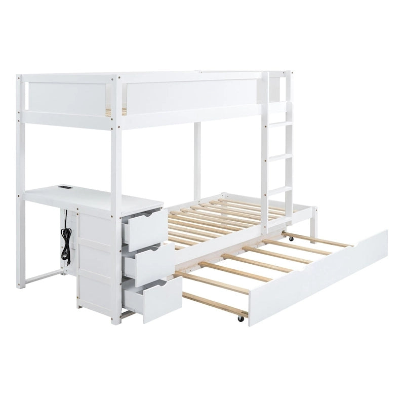 Lit superposé jumeau sur jumeau avec lit gigogne double, rangement et bureau, gris