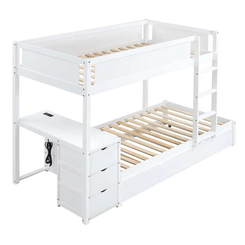 Lit superposé jumeau sur jumeau avec lit gigogne double, rangement et bureau, gris