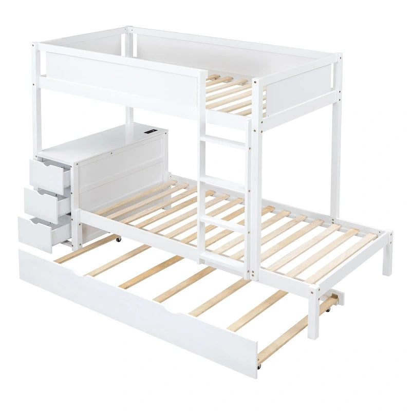 Lit superposé jumeau sur jumeau avec lit gigogne double, rangement et bureau, gris