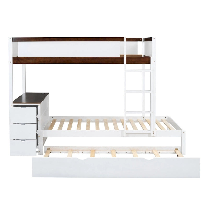 Lit superposé jumeau sur jumeau avec lit gigogne double, rangement et bureau, gris