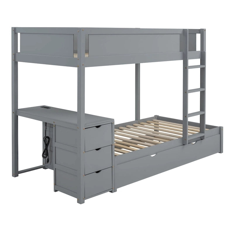 Lit superposé jumeau sur jumeau avec lit gigogne double, rangement et bureau, gris