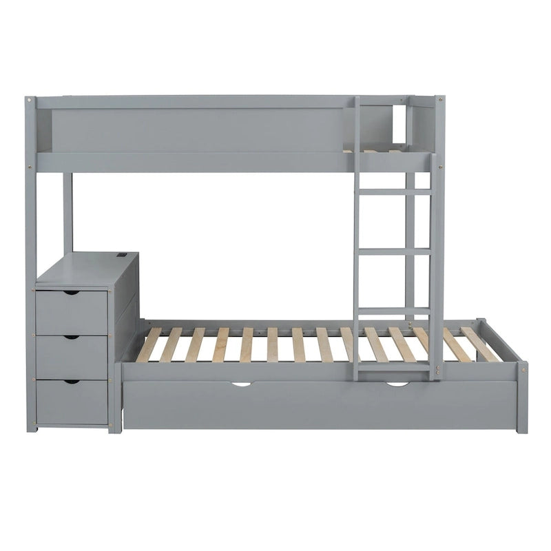 Lit superposé jumeau sur jumeau avec lit gigogne double, rangement et bureau, gris