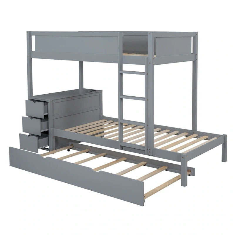 Lit superposé jumeau sur jumeau avec lit gigogne double, rangement et bureau, gris