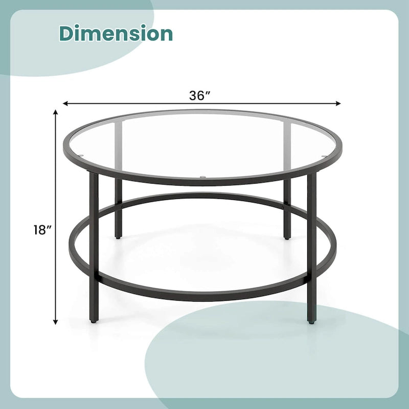 Table basse ronde 36" | Dessus en verre trempé 5mm et cadre en métal | Capacité de 110 lb