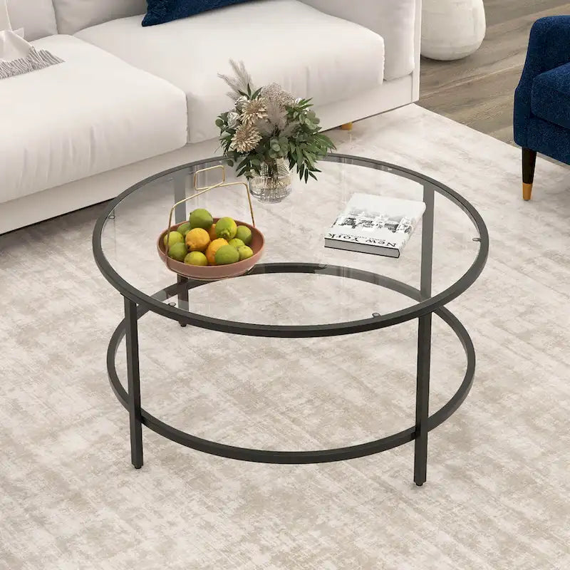 Table basse ronde 36" | Dessus en verre trempé 5mm et cadre en métal | Capacité de 110 lb