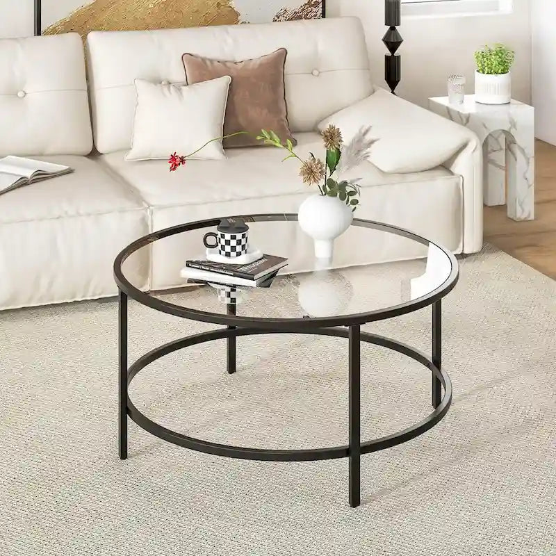 Table basse ronde 36" | Dessus en verre trempé 5mm et cadre en métal | Capacité de 110 lb