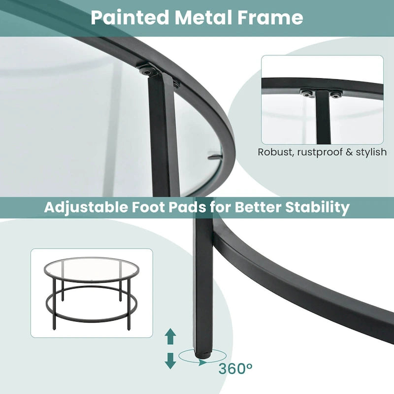 Table basse ronde 36" | Dessus en verre trempé 5mm et cadre en métal | Capacité de 110 lb