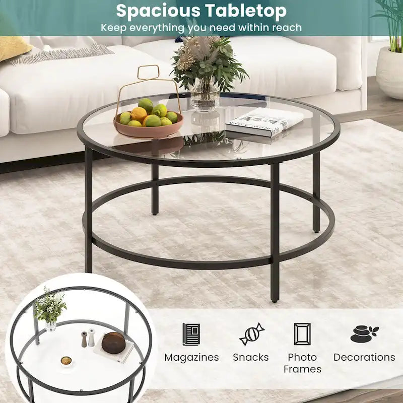 Table basse ronde 36" | Dessus en verre trempé 5mm et cadre en métal | Capacité de 110 lb